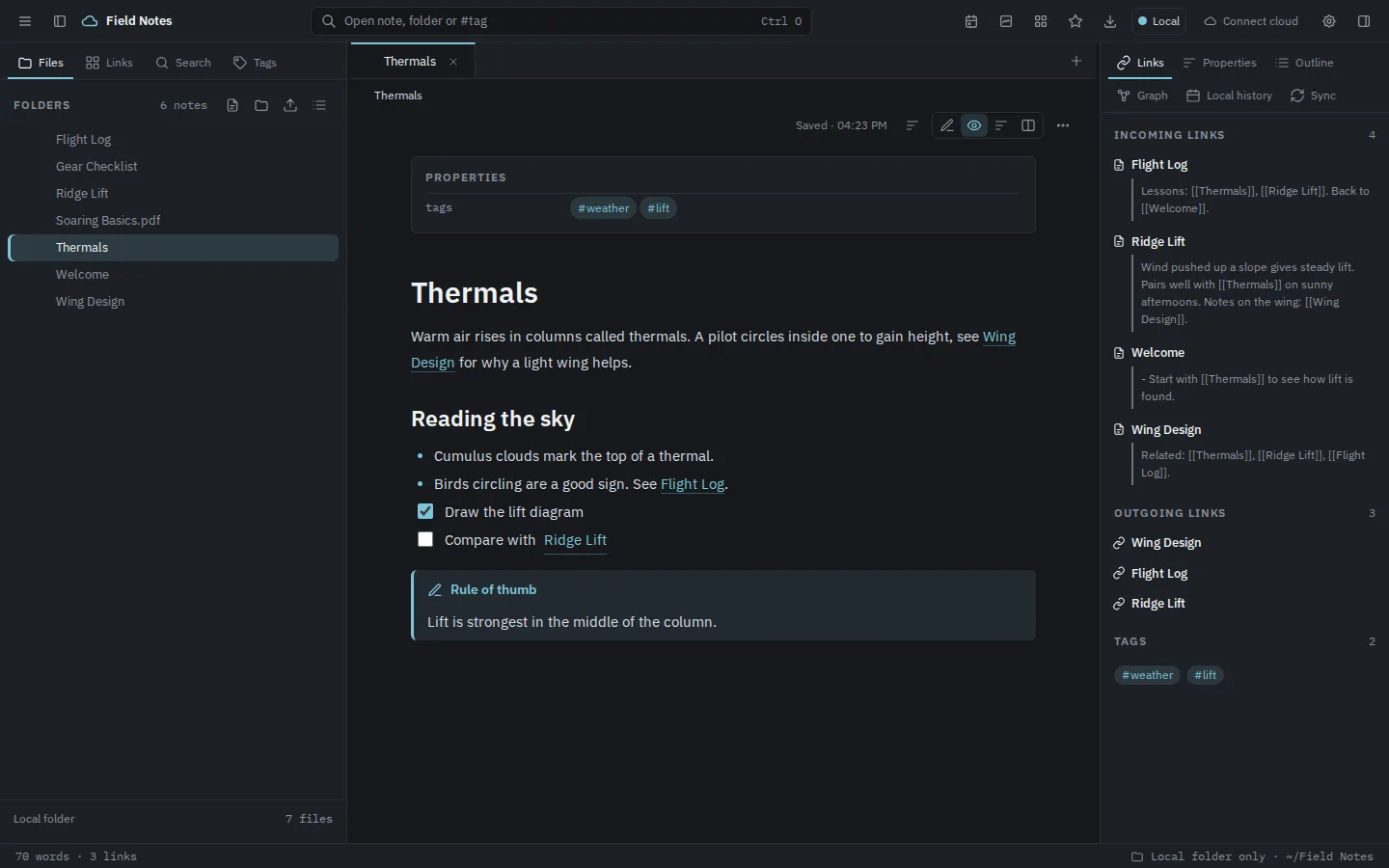 A Markdown note with a properties block, a checklist and a callout