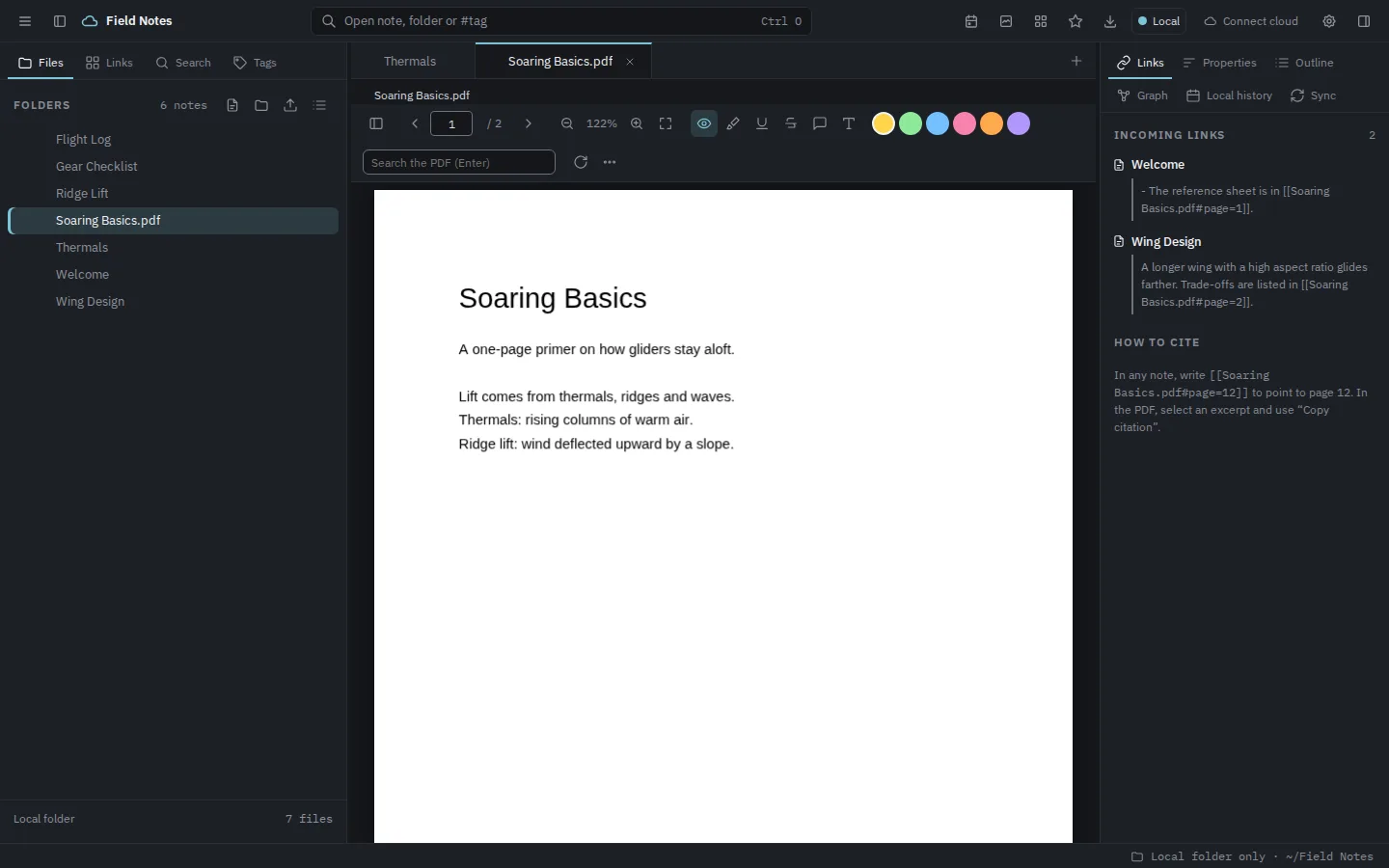 A PDF open in KeepGlide with highlight tools and the notes that cite it